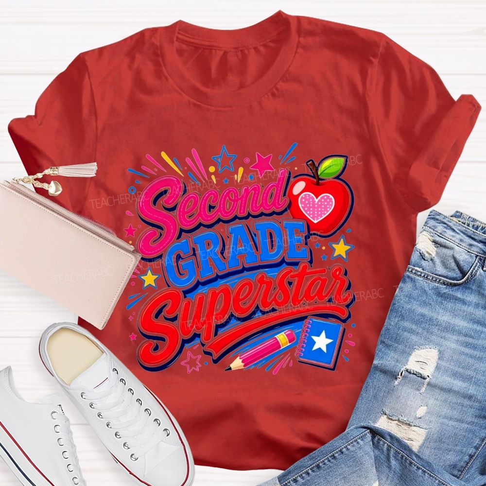 Personalized Grade Second Grade Superstar Apple Pencil Star Notebook Teacher T-shirt