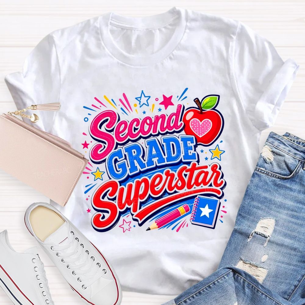 Personalized Grade Second Grade Superstar Apple Pencil Star Notebook Teacher T-shirt