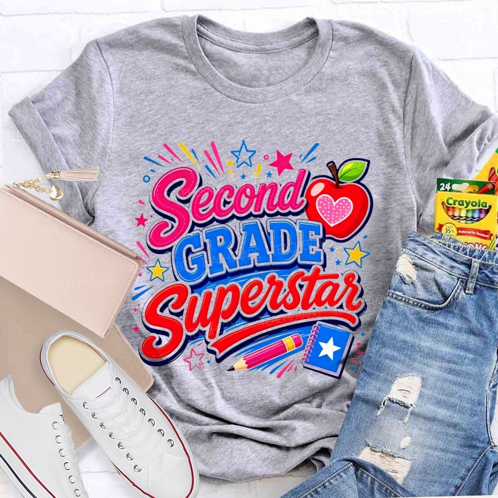Personalized Grade Second Grade Superstar Apple Pencil Star Notebook Teacher T-shirt