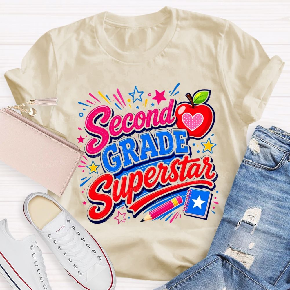 Personalized Grade Second Grade Superstar Apple Pencil Star Notebook Teacher T-shirt