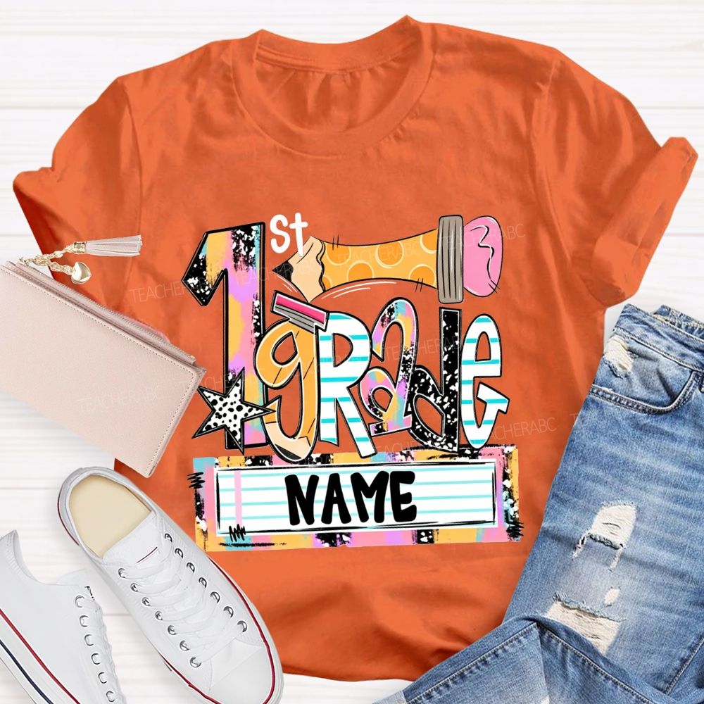 Personalized Name And Grade Multicolor Patchwork Letter Leopard Star Pencil Print Teacher T-shirt