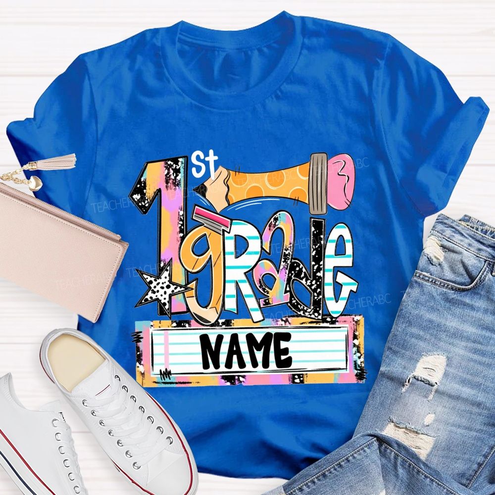 Personalized Name And Grade Multicolor Patchwork Letter Leopard Star Pencil Print Teacher T-shirt