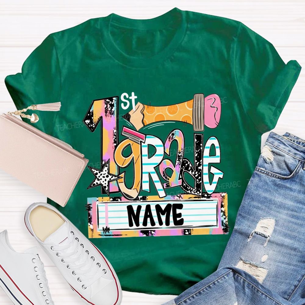 Personalized Name And Grade Multicolor Patchwork Letter Leopard Star Pencil Print Teacher T-shirt