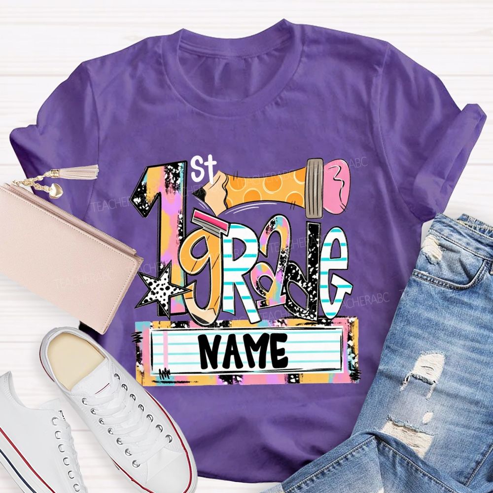 Personalized Name And Grade Multicolor Patchwork Letter Leopard Star Pencil Print Teacher T-shirt