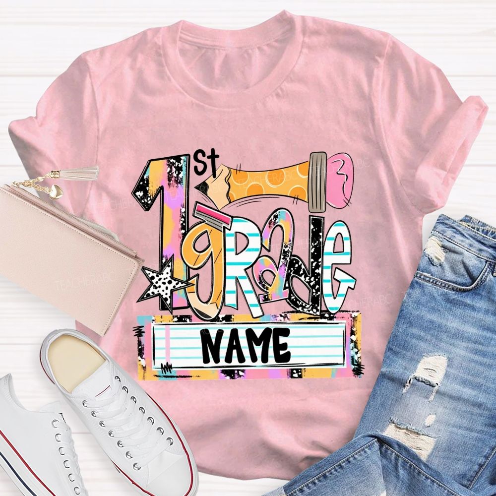 Personalized Name And Grade Multicolor Patchwork Letter Leopard Star Pencil Print Teacher T-shirt
