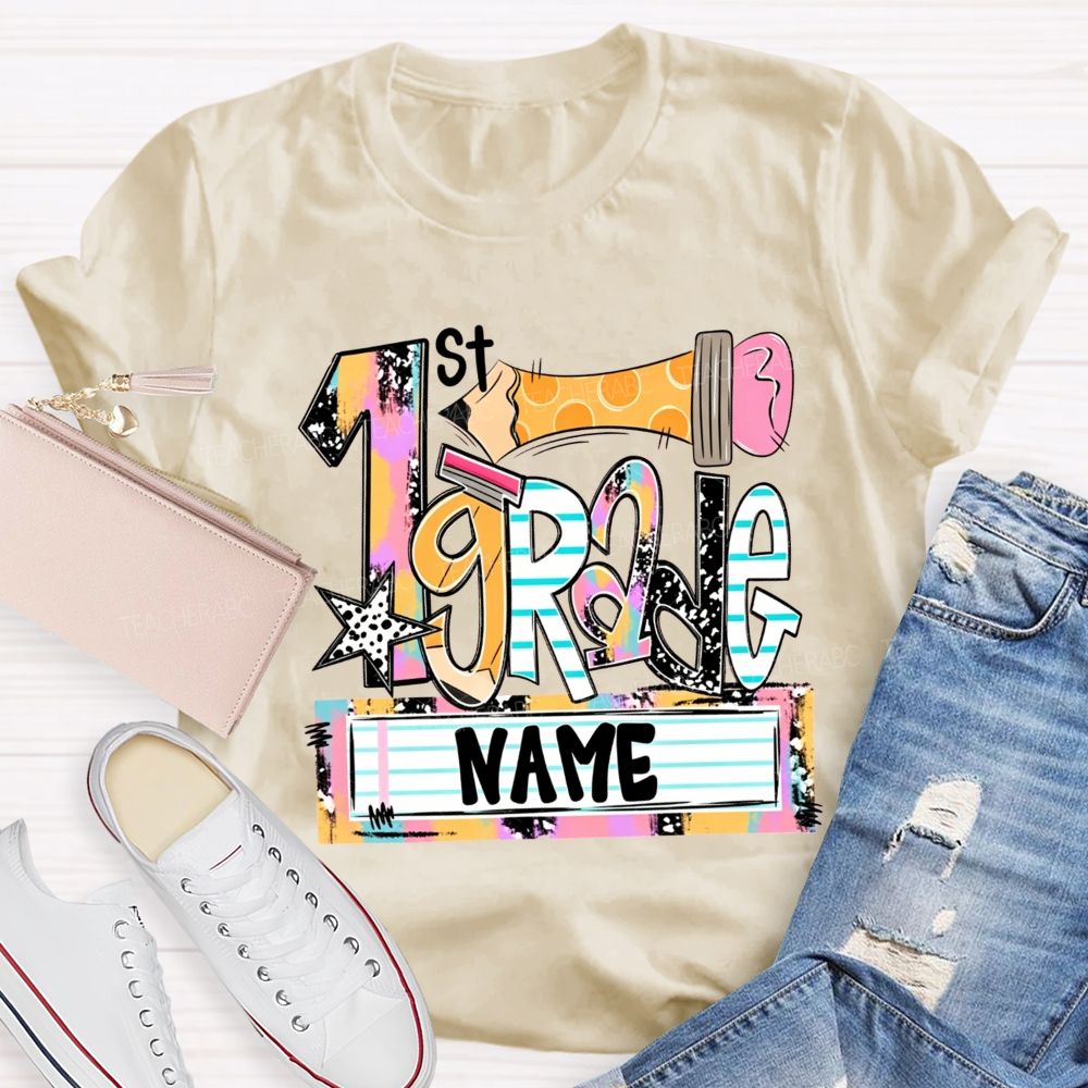Personalized Name And Grade Multicolor Patchwork Letter Leopard Star Pencil Print Teacher T-shirt
