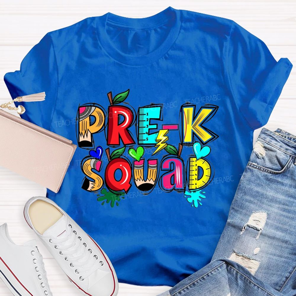 Personalized Grade Pre-K Squad Colorful Pencil Apple Ruler Teacher T-shirt