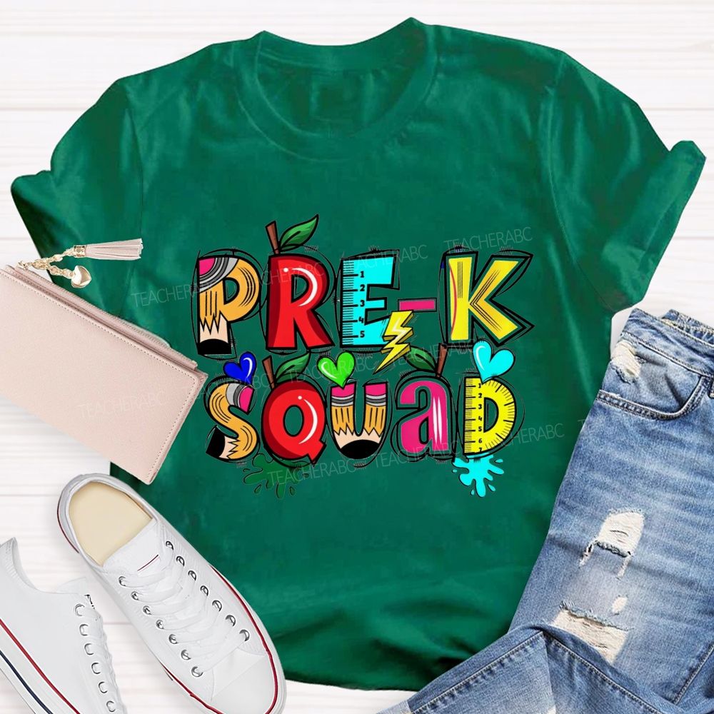 Personalized Grade Pre-K Squad Colorful Pencil Apple Ruler Teacher T-shirt