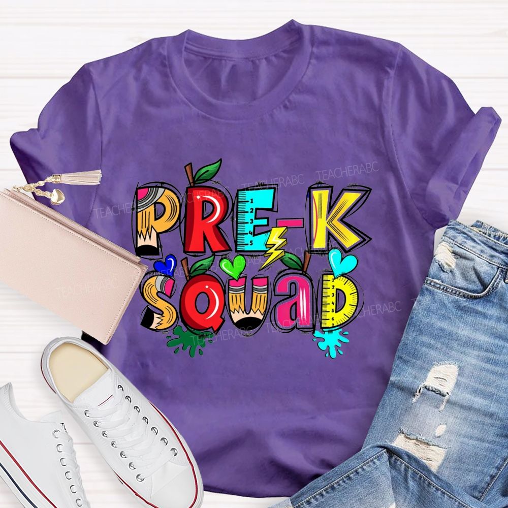Personalized Grade Pre-K Squad Colorful Pencil Apple Ruler Teacher T-shirt