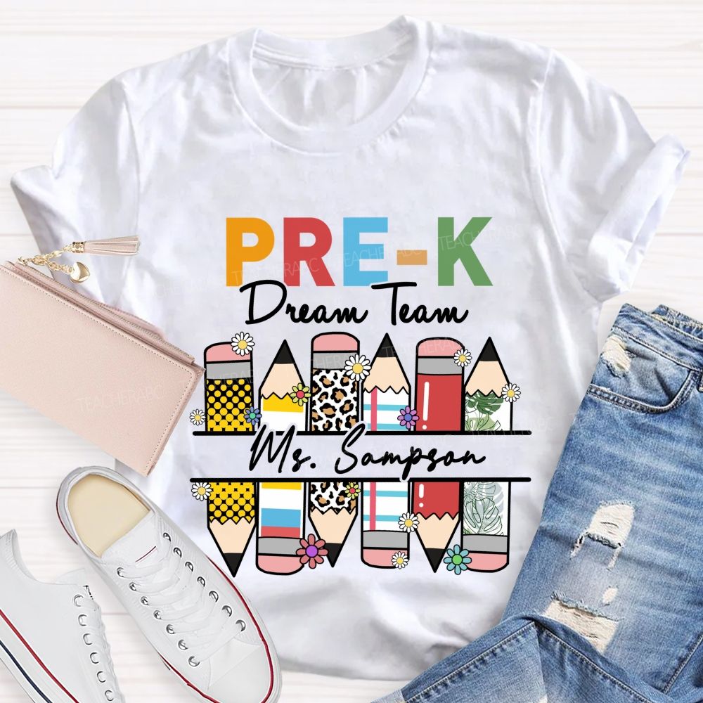 Personalized Grade And Name Leopard Dream Team Pencil Back To School Teacher T-Shirt