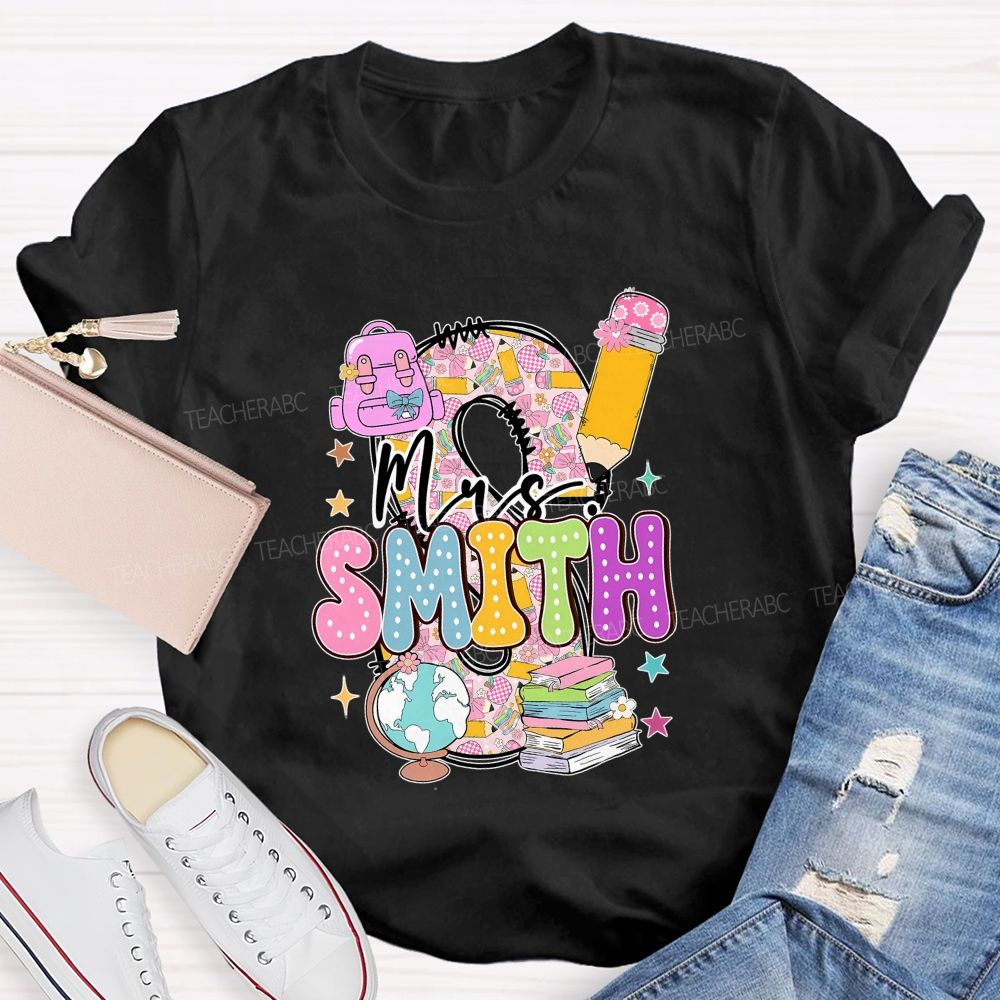 Personalized Name Pink Plaid Print With Lettering Back To School Teacher T-Shirt