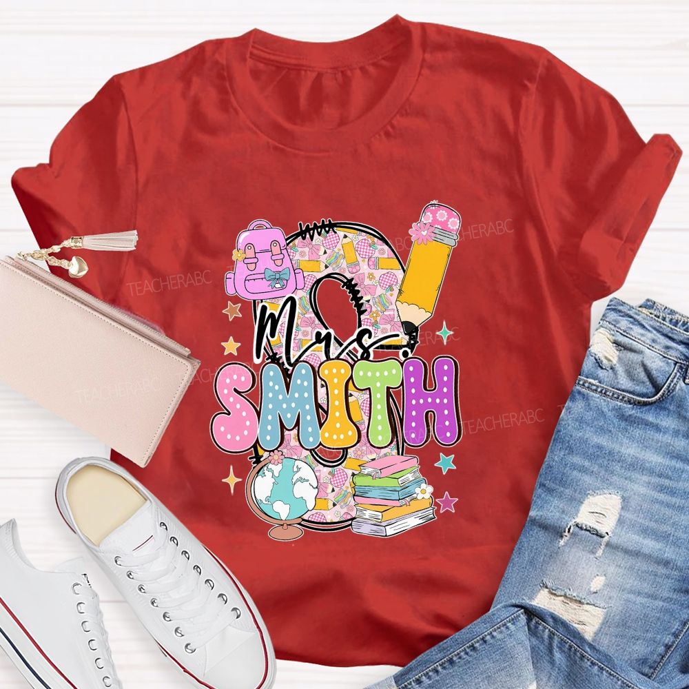 Personalized Name Pink Plaid Print With Lettering Back To School Teacher T-Shirt