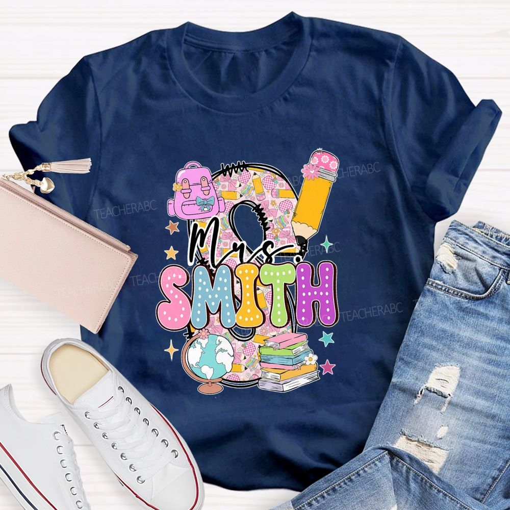 Personalized Name Pink Plaid Print With Lettering Back To School Teacher T-Shirt