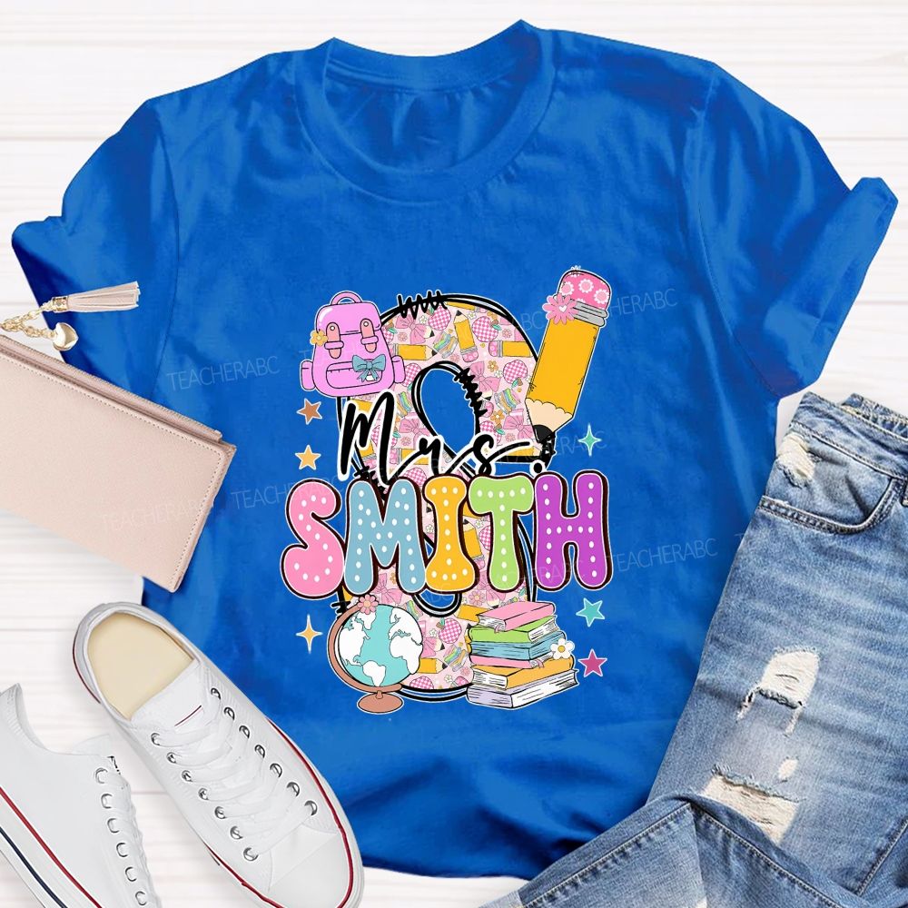 Personalized Name Pink Plaid Print With Lettering Back To School Teacher T-Shirt