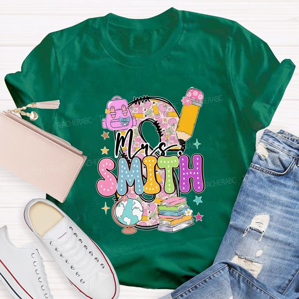 Personalized Name Pink Plaid Print With Lettering Back To School Teacher T-Shirt