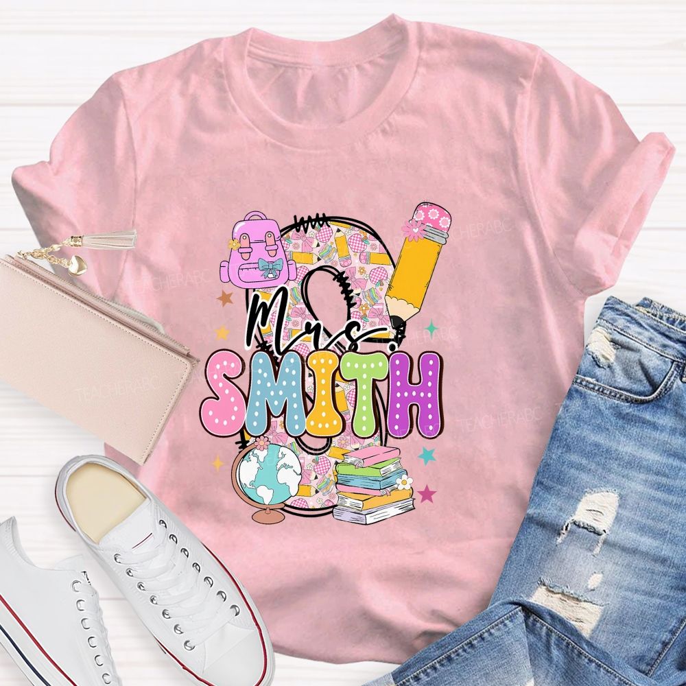 Personalized Name Pink Plaid Print With Lettering Back To School Teacher T-Shirt