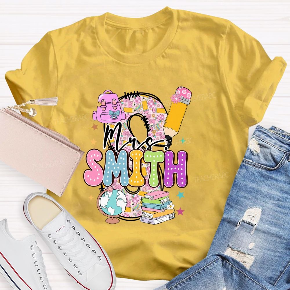 Personalized Name Pink Plaid Print With Lettering Back To School Teacher T-Shirt