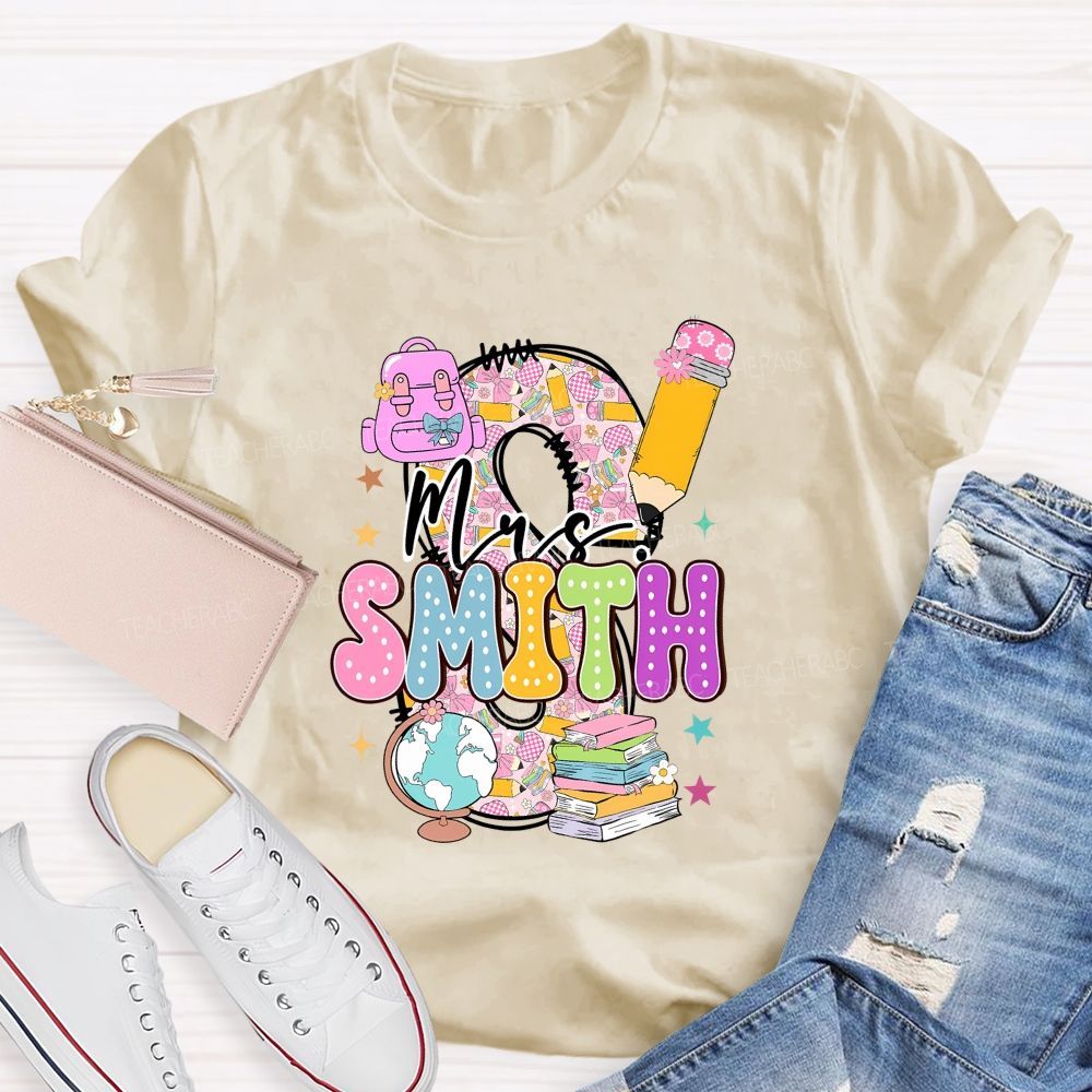 Personalized Name Pink Plaid Print With Lettering Back To School Teacher T-Shirt