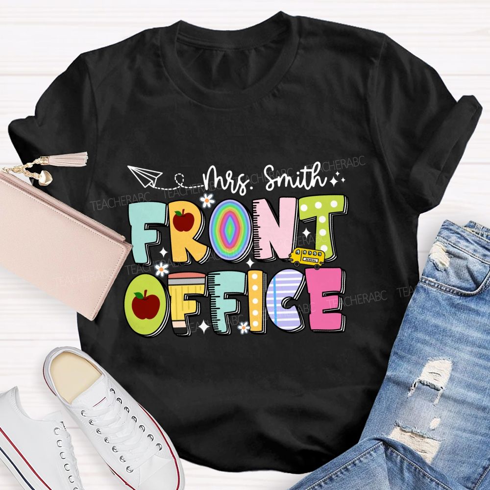 Personalized Name Front Office Apple Rainbow Letter Printed Teacher T-Shirt
