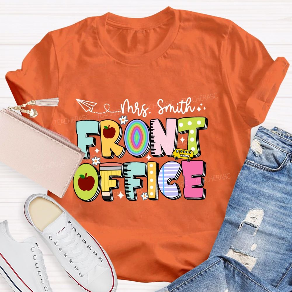 Personalized Name Front Office Apple Rainbow Letter Printed Teacher T-Shirt