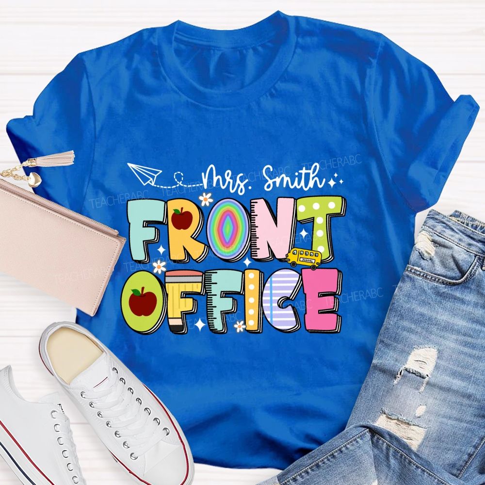 Personalized Name Front Office Apple Rainbow Letter Printed Teacher T-Shirt