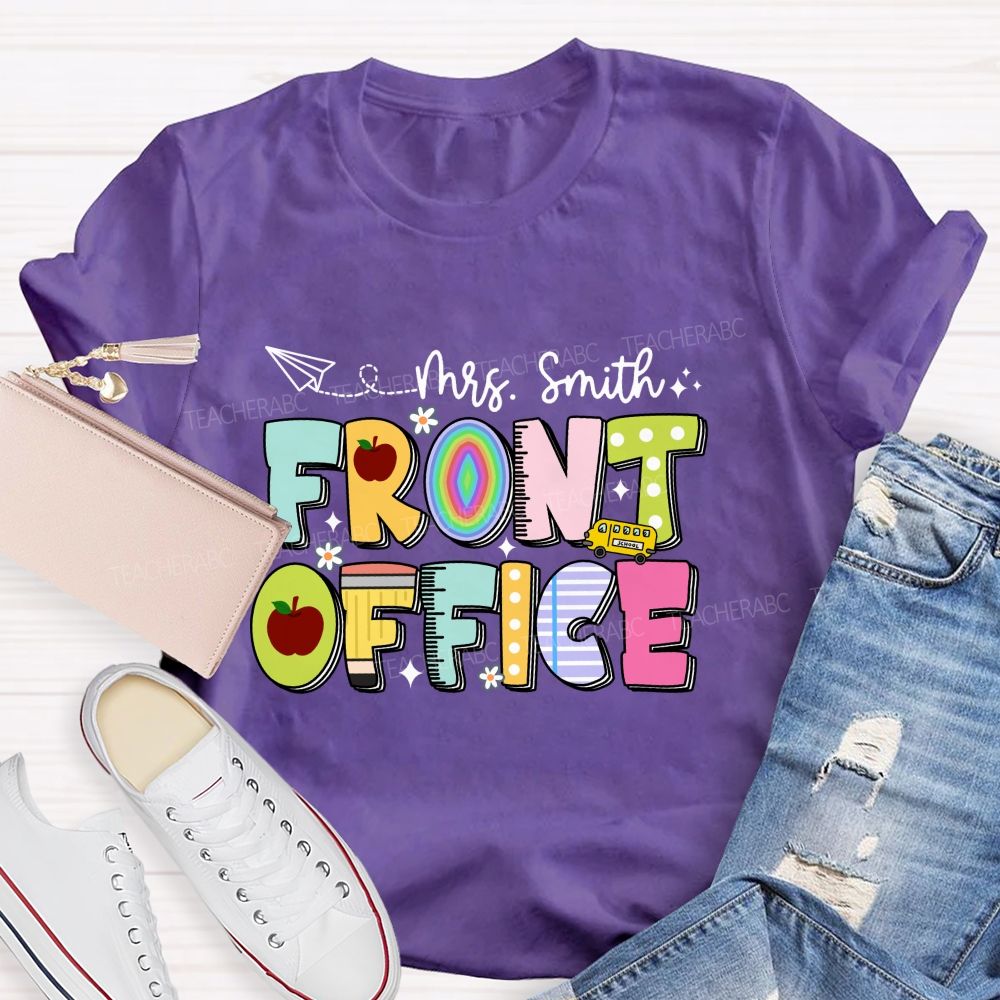 Personalized Name Front Office Apple Rainbow Letter Printed Teacher T-Shirt