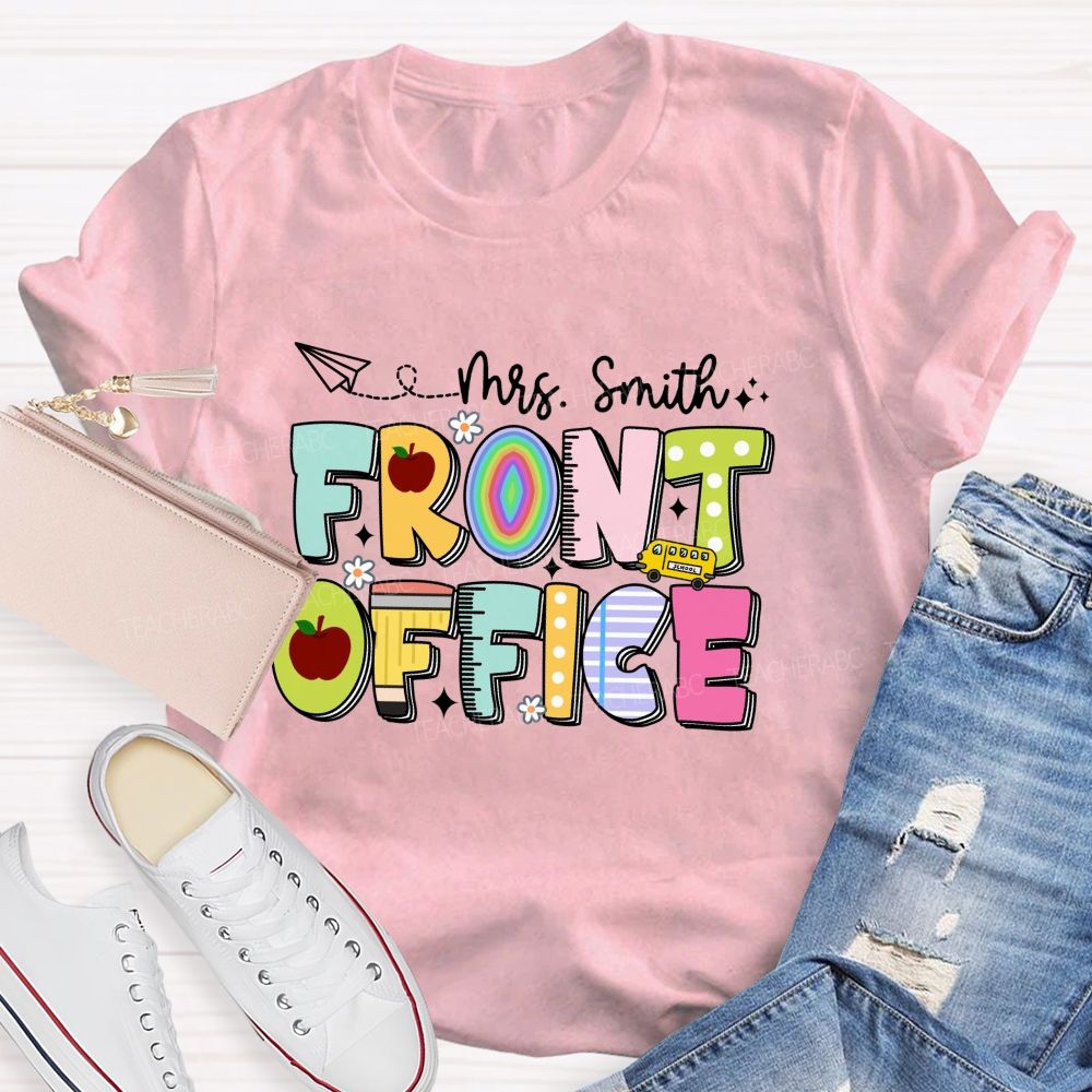 Personalized Name Front Office Apple Rainbow Letter Printed Teacher T-Shirt