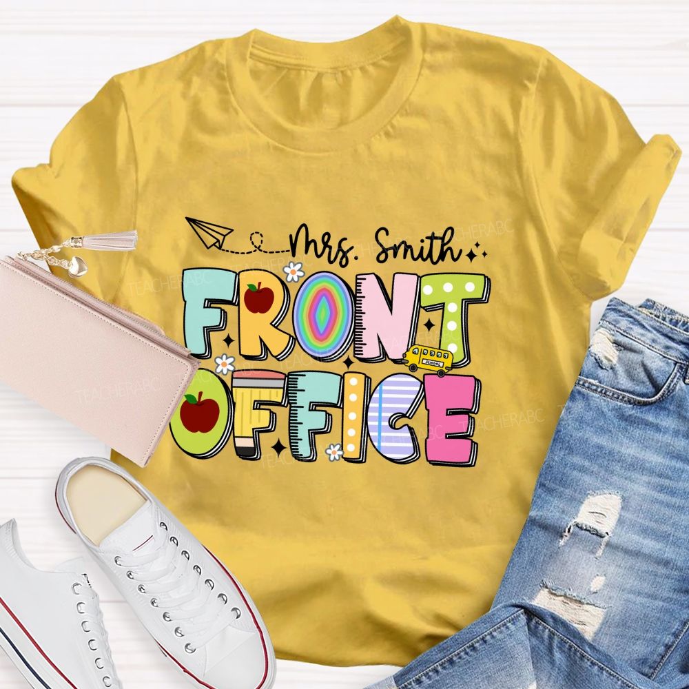 Personalized Name Front Office Apple Rainbow Letter Printed Teacher T-Shirt