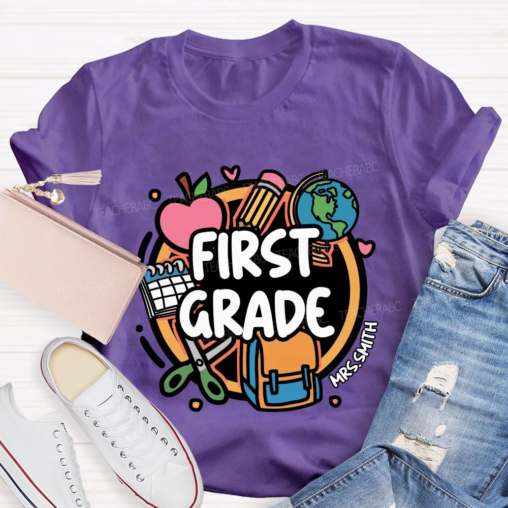 Personalized Grade And Name Back-To-School Backpack With Apple Print Teacher T-Shirt