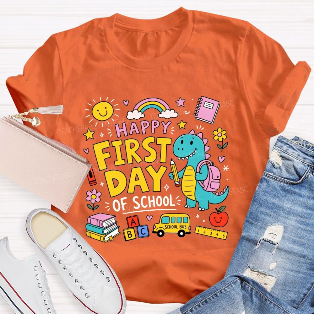 Happy First Day Of School Cute Dino And Cartoon School Supply Teacher T-shirt