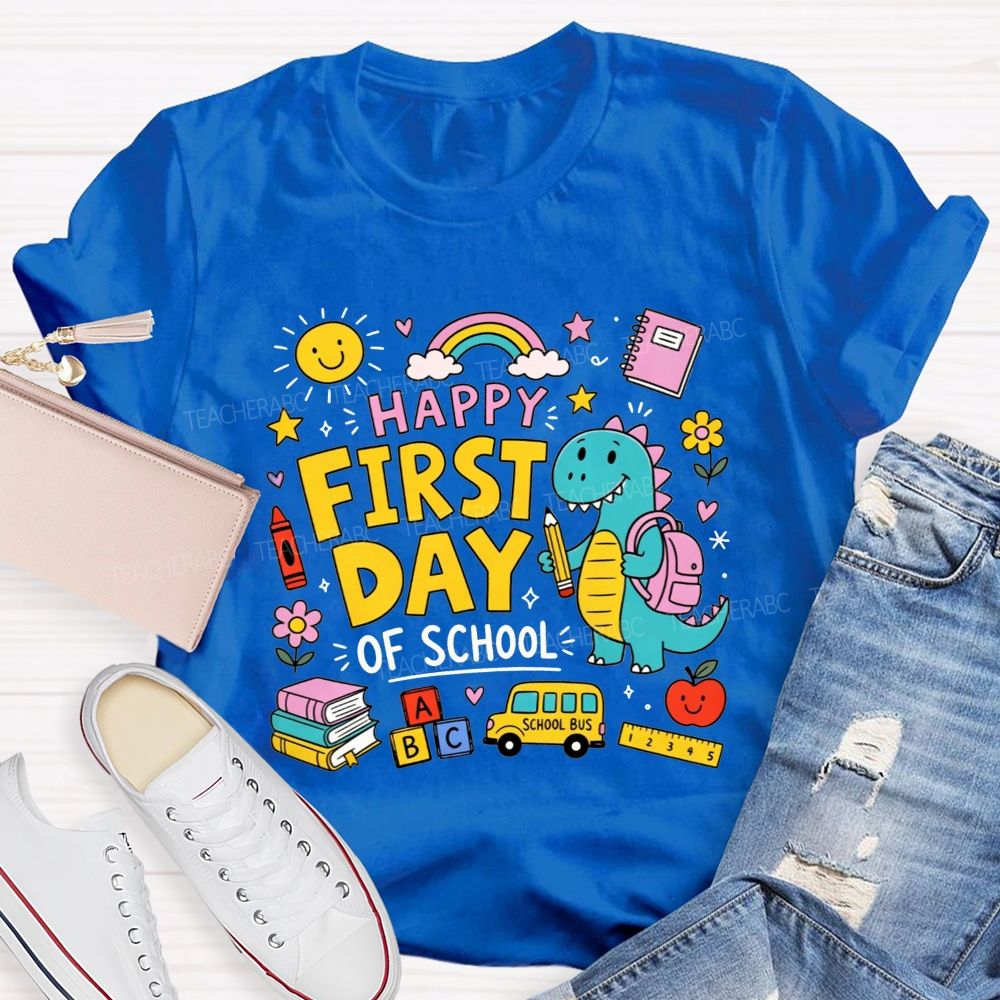 Happy First Day Of School Cute Dino And Cartoon School Supply Teacher T-shirt