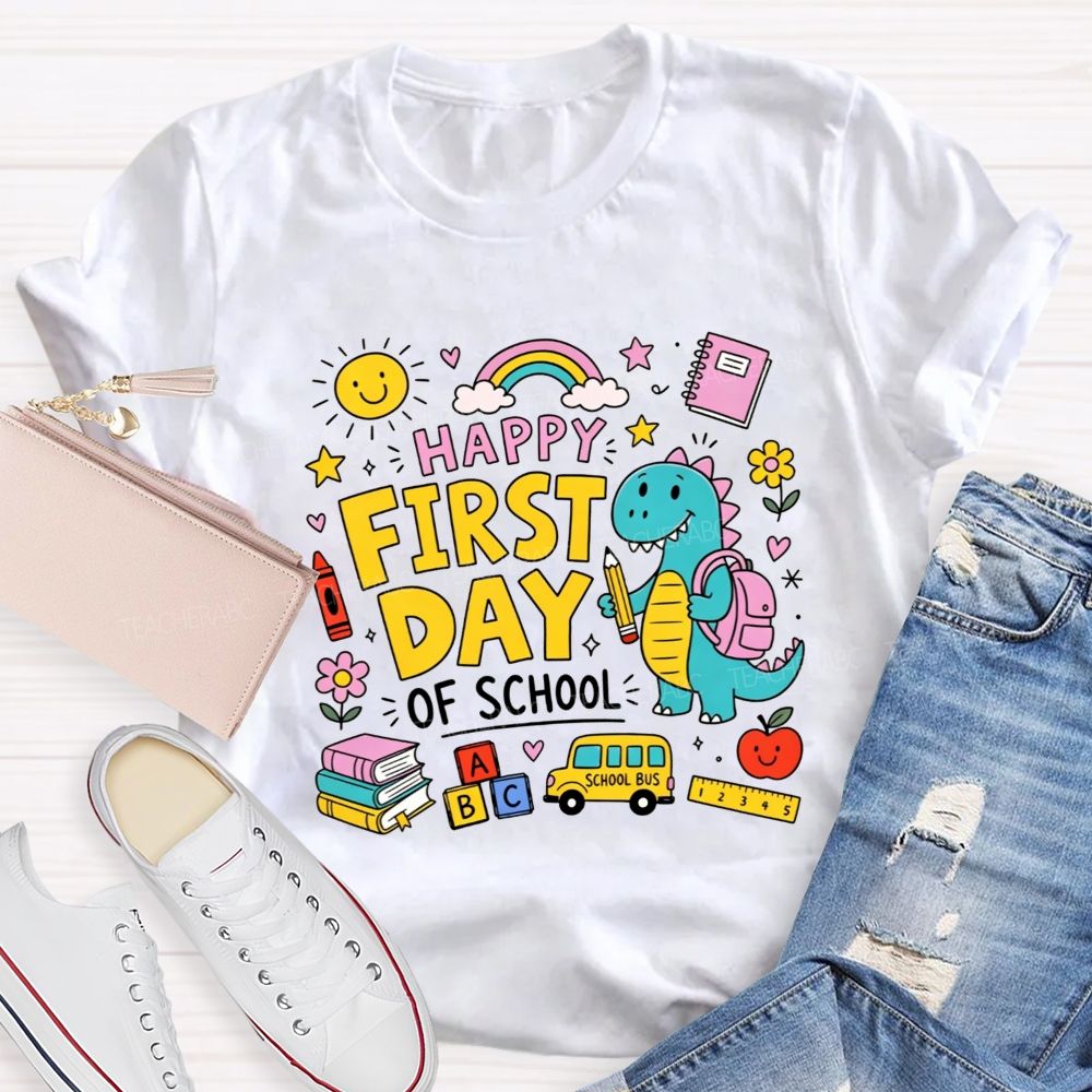 Happy First Day Of School Cute Dino And Cartoon School Supply Teacher T-shirt
