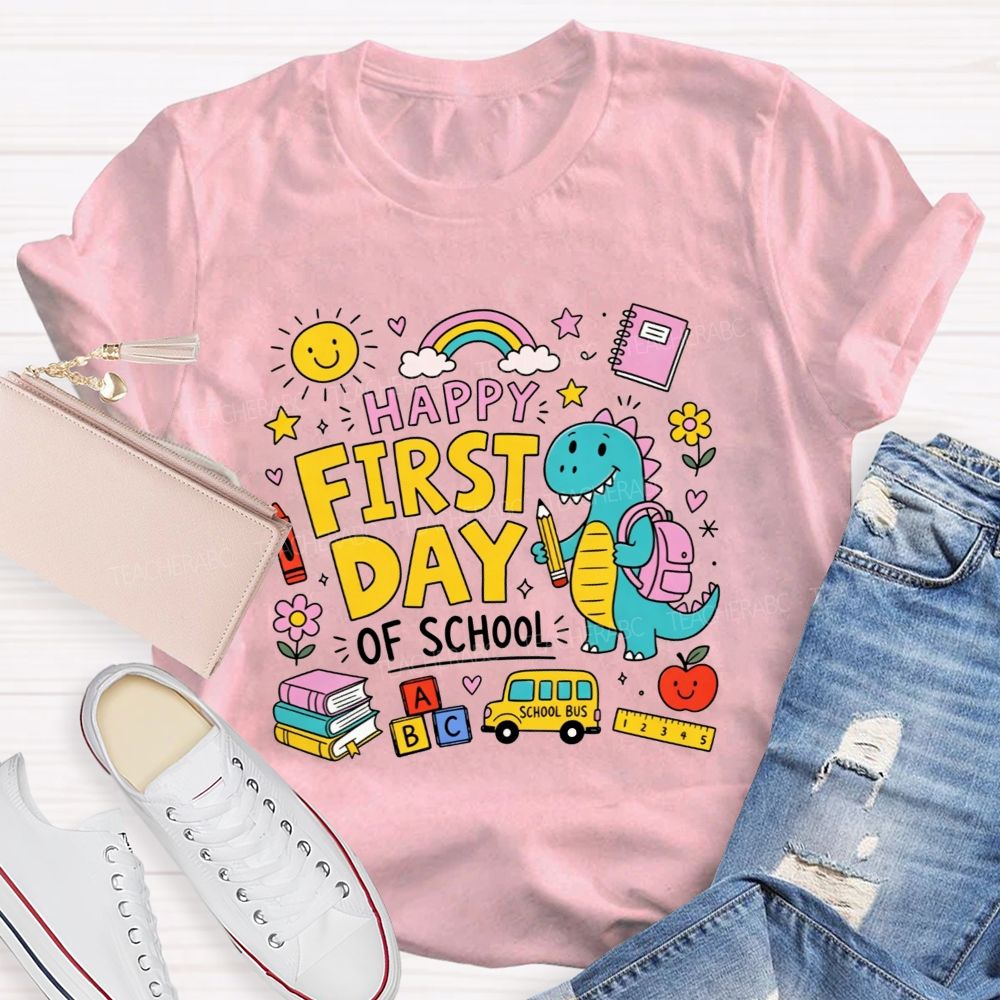 Happy First Day Of School Cute Dino And Cartoon School Supply Teacher T-shirt