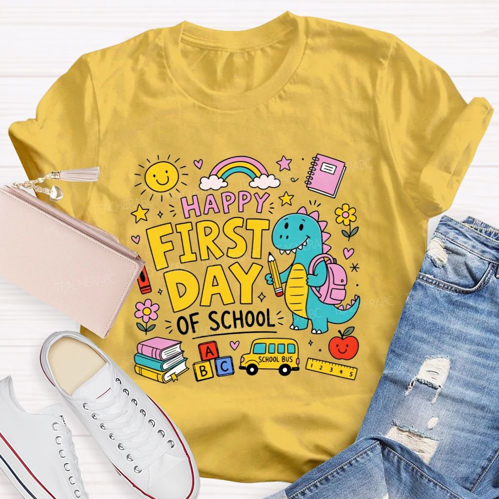 Happy First Day Of School Cute Dino And Cartoon School Supply Teacher T-shirt