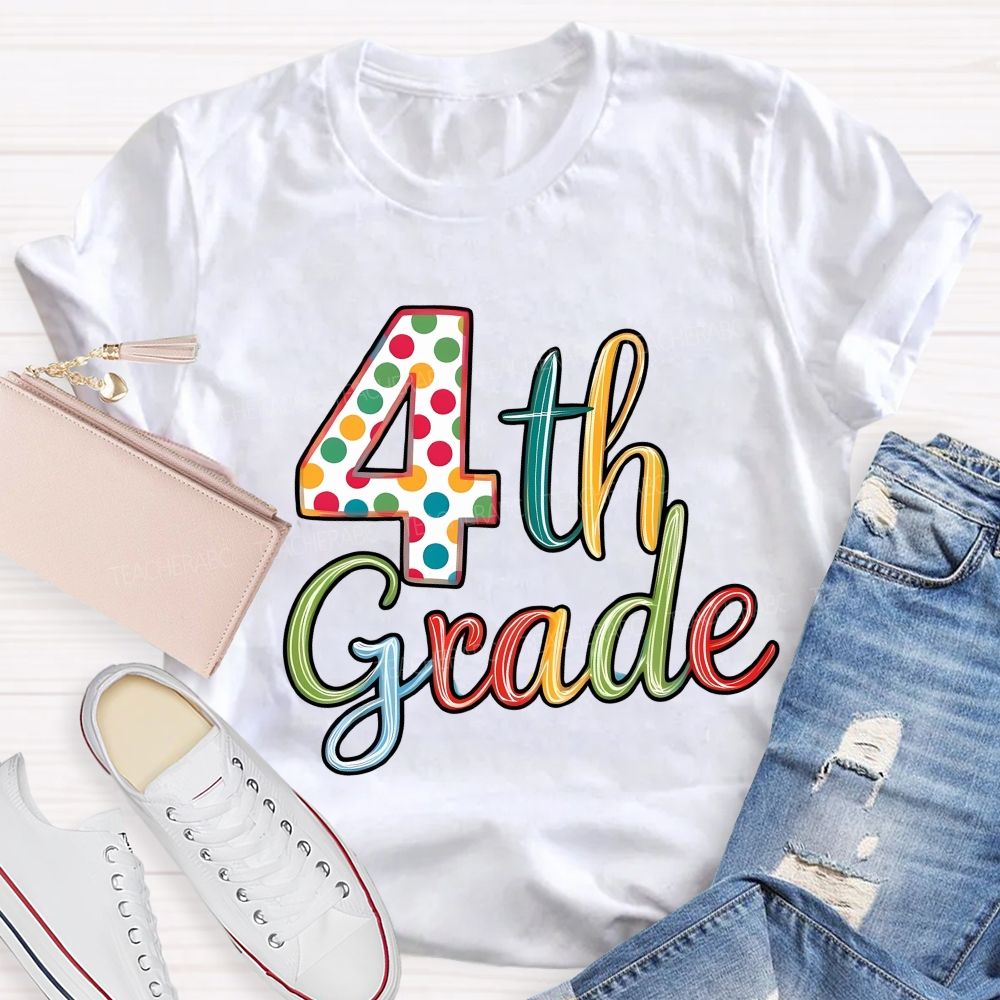 Personalized Grade Colorful Polka-Dot Numbers Teacher T-Shirt