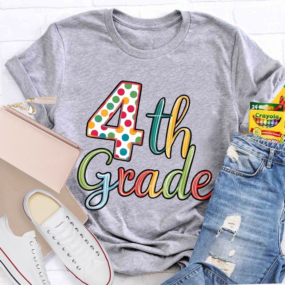 Personalized Grade Colorful Polka-Dot Numbers Teacher T-Shirt