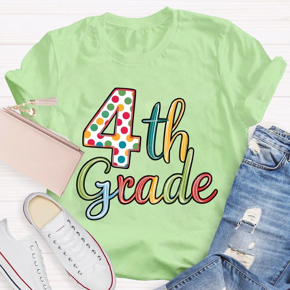 Personalized Grade Colorful Polka-Dot Numbers Teacher T-Shirt