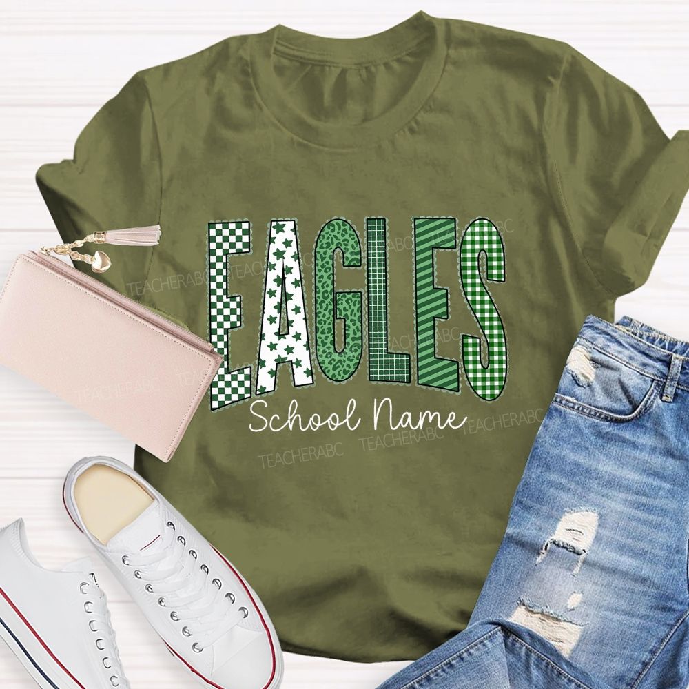 Personalized School Name And Mascot Green Plaid And Star Print Teacher T-Shirt