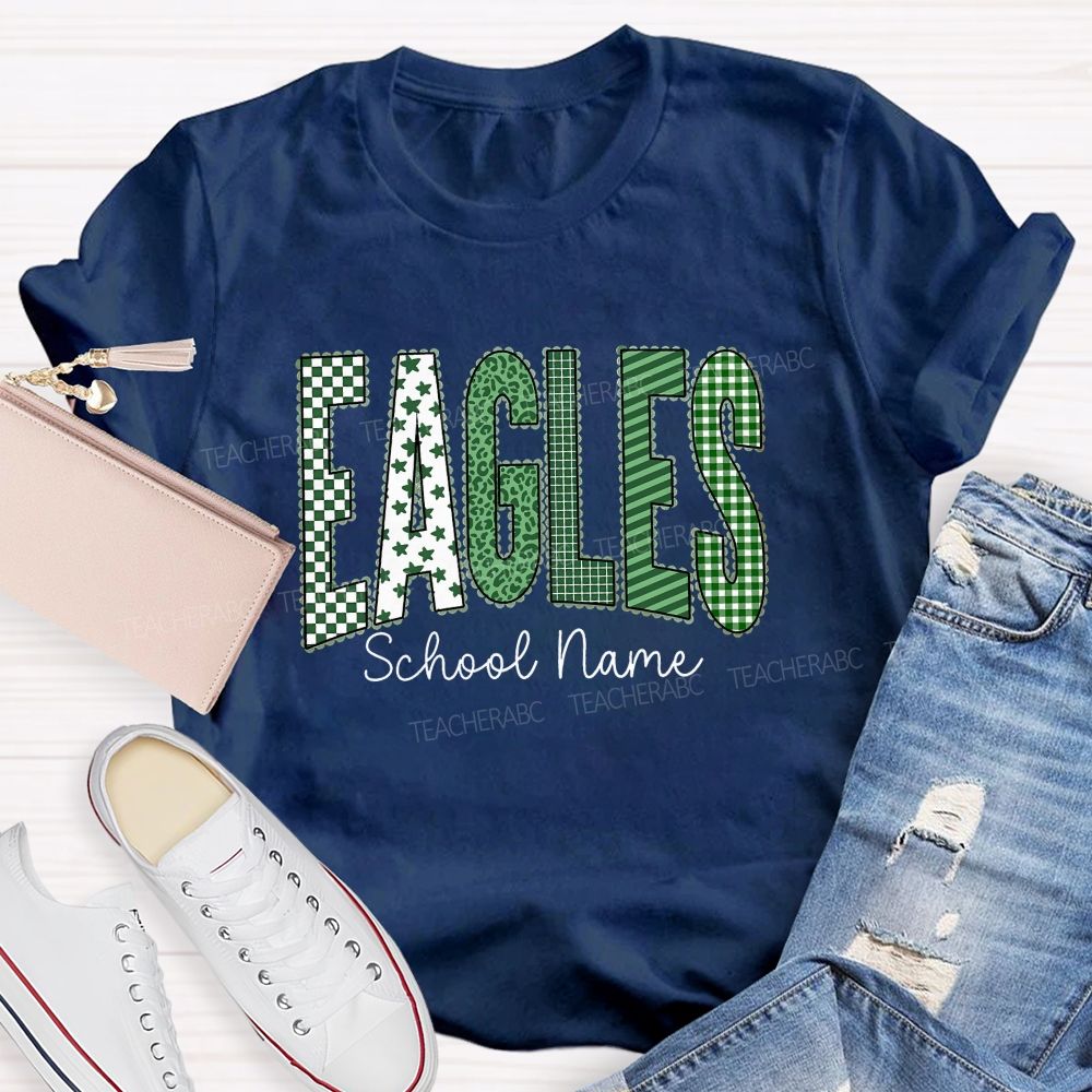 Personalized School Name And Mascot Green Plaid And Star Print Teacher T-Shirt