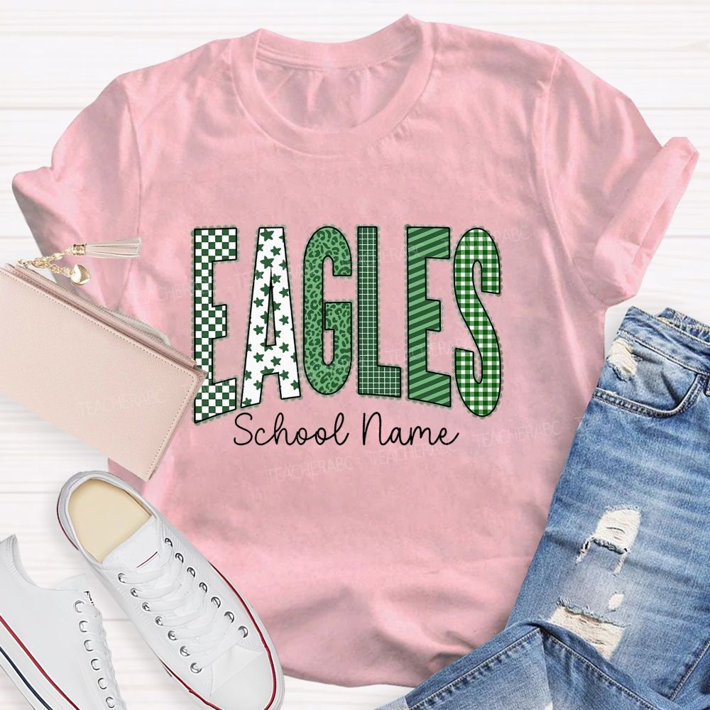 Personalized School Name And Mascot Green Plaid And Star Print Teacher T-Shirt