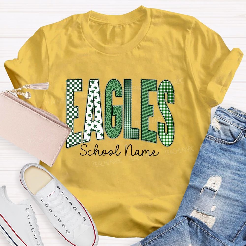 Personalized School Name And Mascot Green Plaid And Star Print Teacher T-Shirt