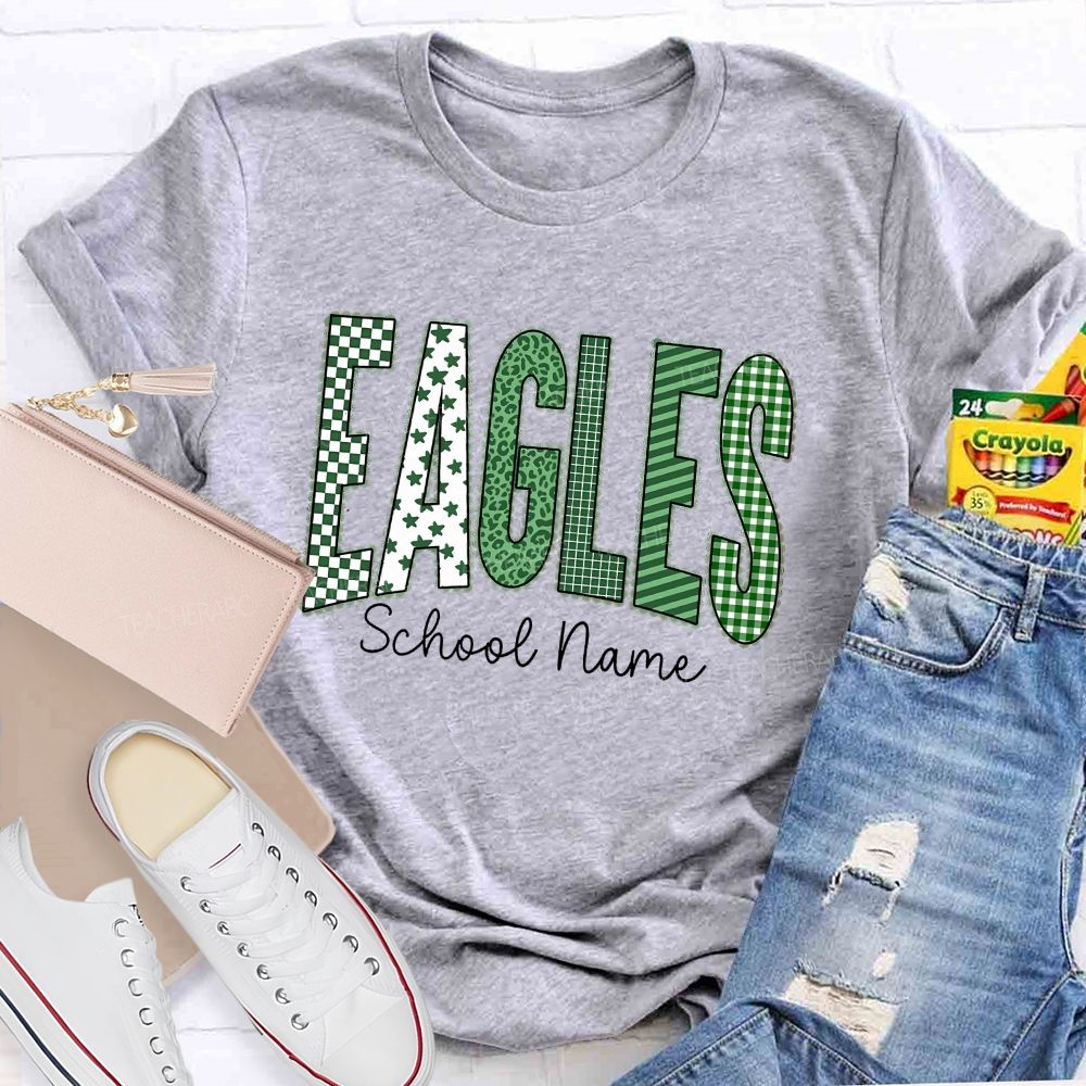 Personalized School Name And Mascot Green Plaid And Star Print Teacher T-Shirt