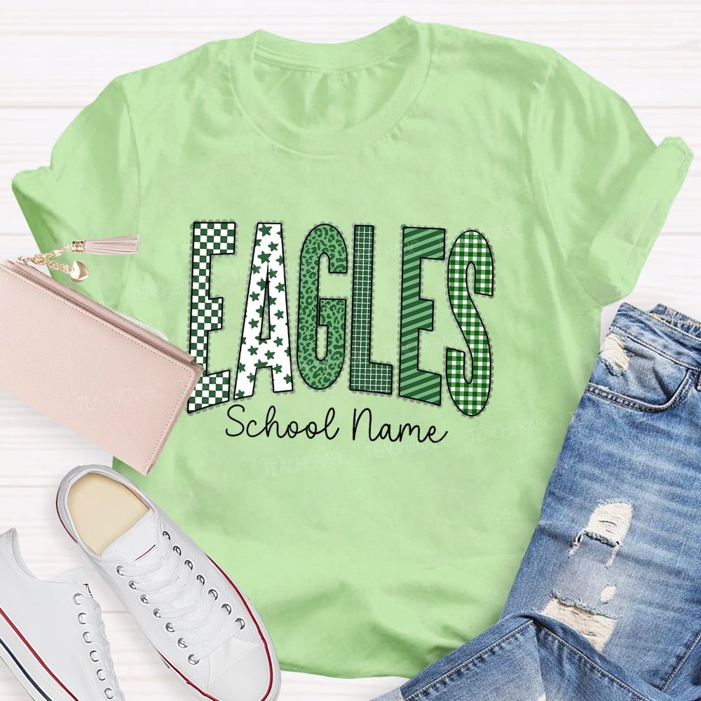 Personalized School Name And Mascot Green Plaid And Star Print Teacher T-Shirt