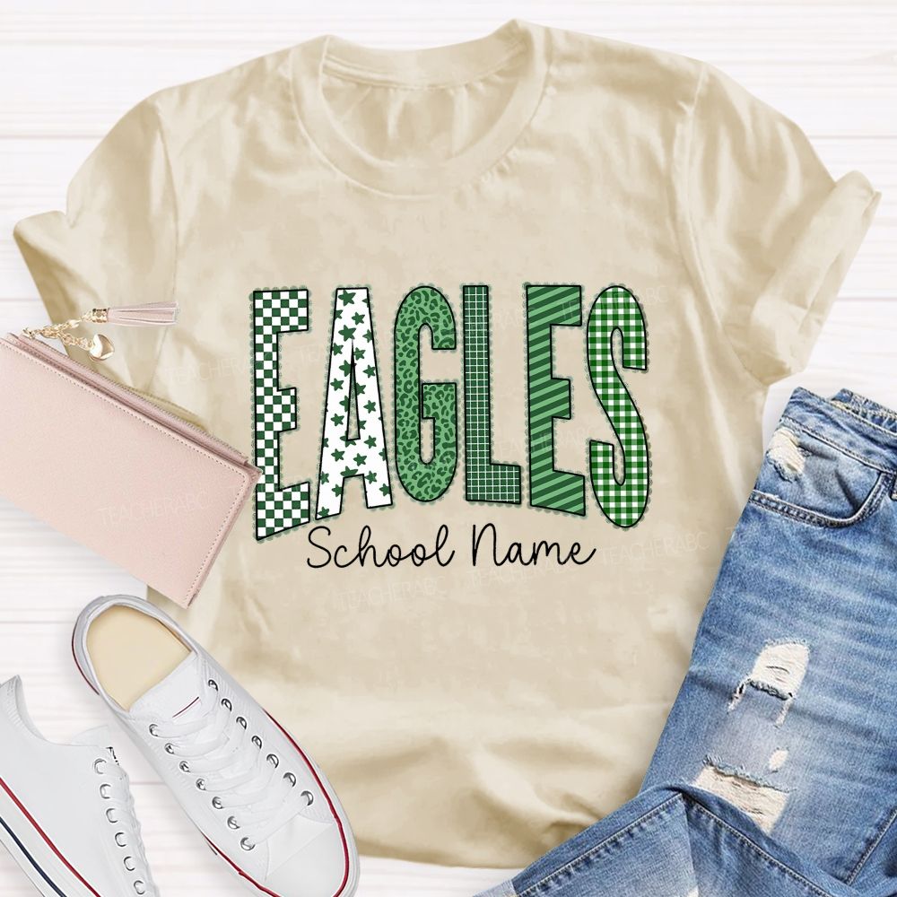 Personalized School Name And Mascot Green Plaid And Star Print Teacher T-Shirt
