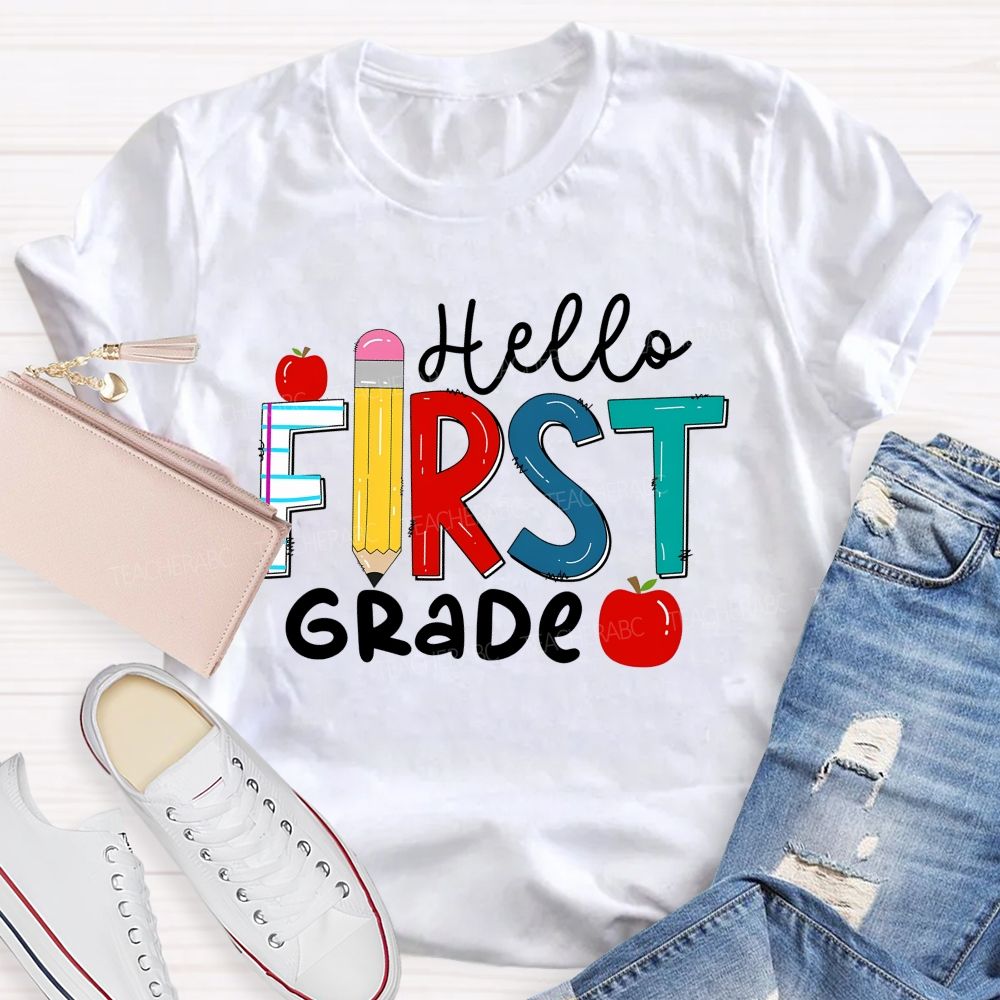 Personalized Grade Hello First Grade Apple Back To School Teacher T-Shirt