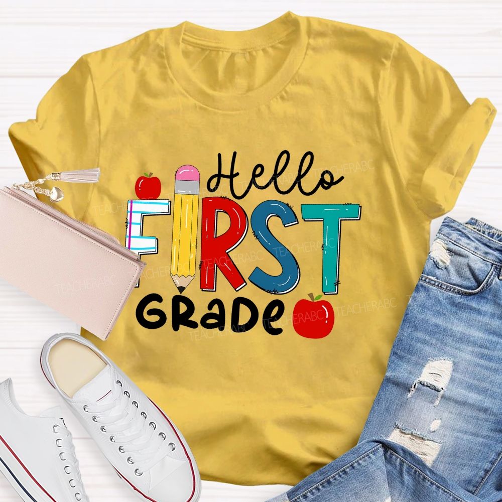 Personalized Grade Hello First Grade Apple Back To School Teacher T-Shirt