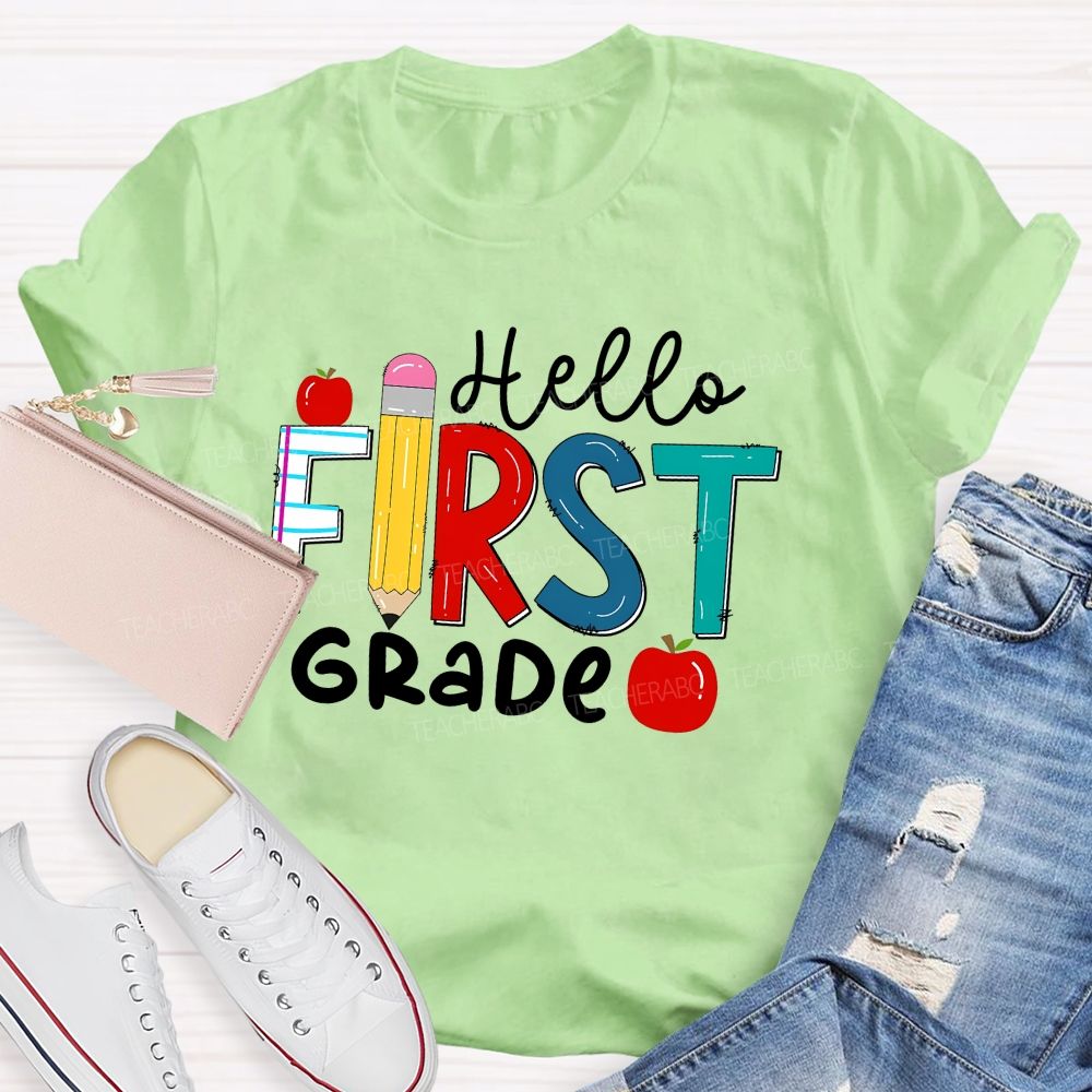 Personalized Grade Hello First Grade Apple Back To School Teacher T-Shirt