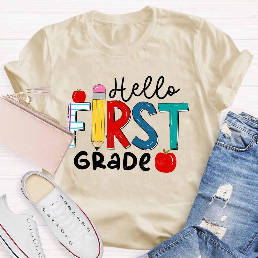 Personalized Grade Hello First Grade Apple Back To School Teacher T-Shirt