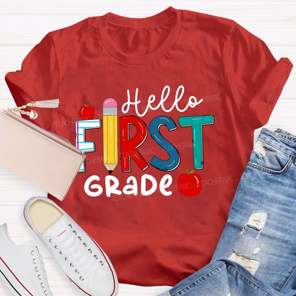 Personalized Grade Hello First Grade Apple Back To School Teacher T-Shirt