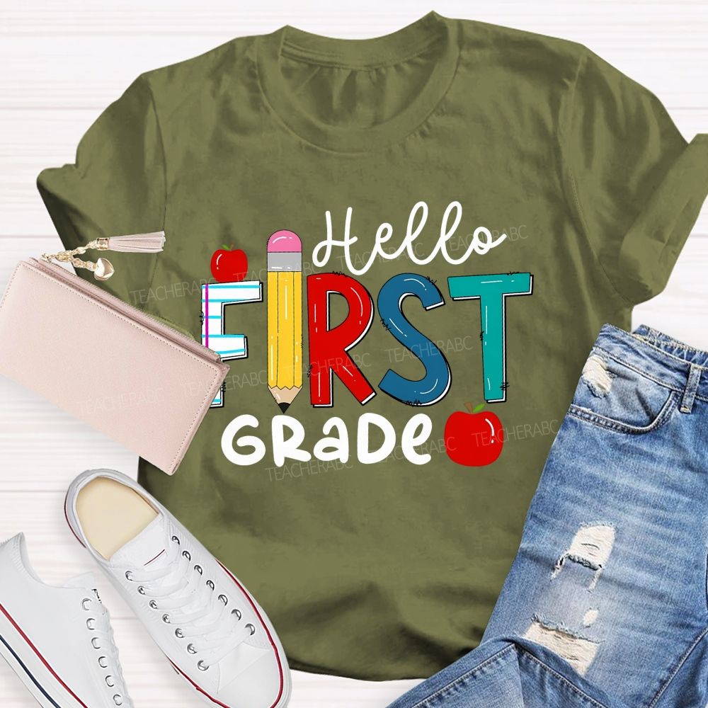 Personalized Grade Hello First Grade Apple Back To School Teacher T-Shirt